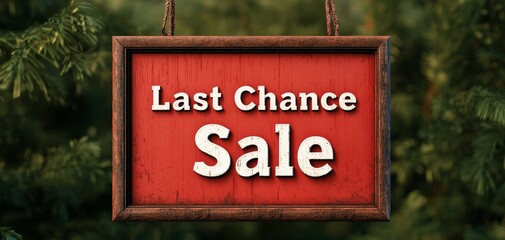 A vibrant 'Last Chance Sale' sign hanging amidst a lush green backdrop, inviting customers to take advantage of exclusive offers.