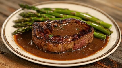 A sizzling hot steak on a plate with buttery asparagus and a rich sauce, served on a rustic wooden table.