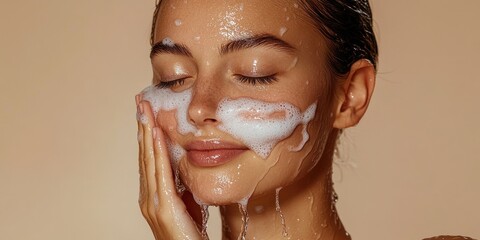 A close-up shot of a woman washing her face with soap and water