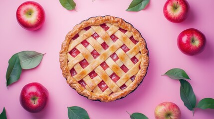 Freshly baked apple pie surrounded by red apples and green leaves on a pink background