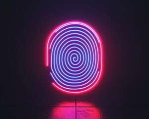 A vibrant neon fingerprint design, showcasing modern art and technology fusion in a dark backdrop, symbolizing identity and security.