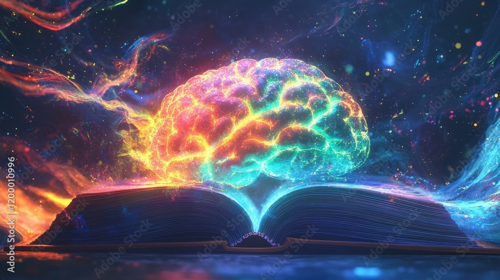 Poster Luminous Brain Emerging From Open Book Of Knowledge
