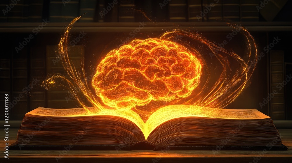 Poster Fiery Brain Emerging From Ancient Open Book