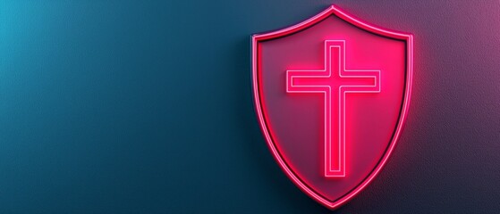 Obraz premium A vibrant neon shield with a cross symbolizing faith, protection, and spirituality, ideal for modern religious themes.