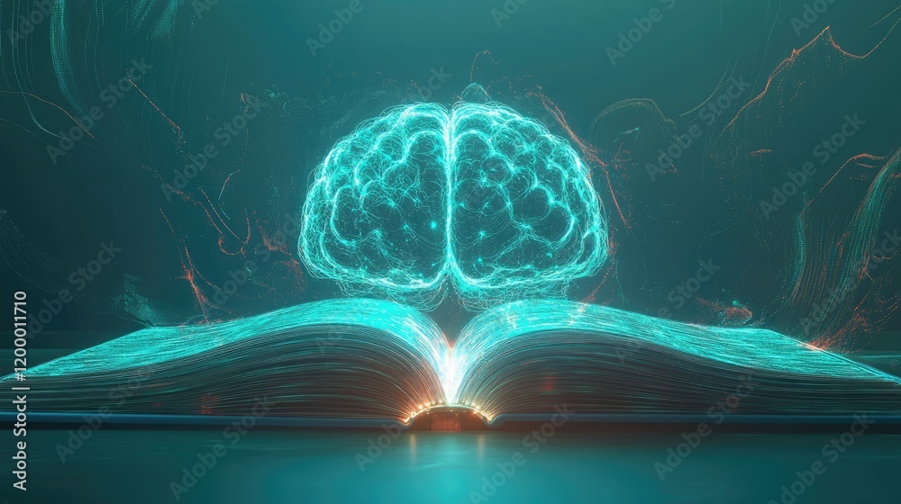Poster Illuminated Brain Above Open Book Representing Knowledge