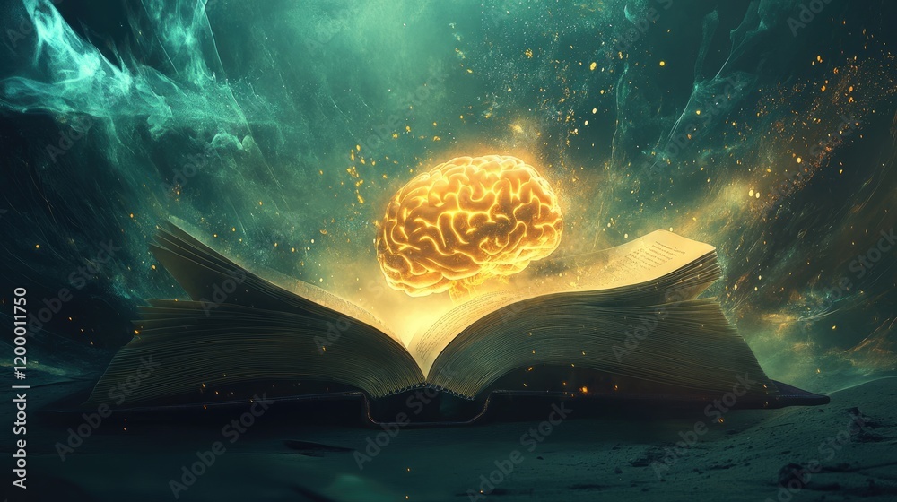 Poster luminous brain emerging from ancient book of knowledge