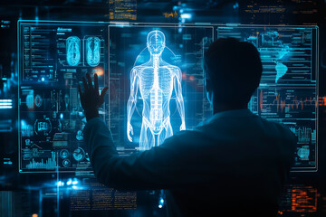 A doctor carefully examines a virtual x-ray projection with focused attention. The integration of advanced technology in medical diagnostics. Generative AI.
