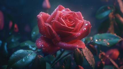 A soft red rose with glistening water droplets clinging to its petals, resting on a bed of soft green leaves.