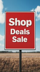 A vibrant promotional sign advertising shop deals and sales against a clear blue sky, ideal for retail and marketing visuals.