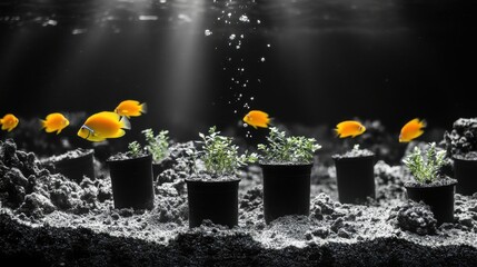 Coral reef restoration with underwater planting and thriving marine life on a vibrant reef backdrop, marine ecosystem protection theme