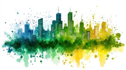 Fototapeta premium Colorful Watercolor City Skyline with Splashes and Blends