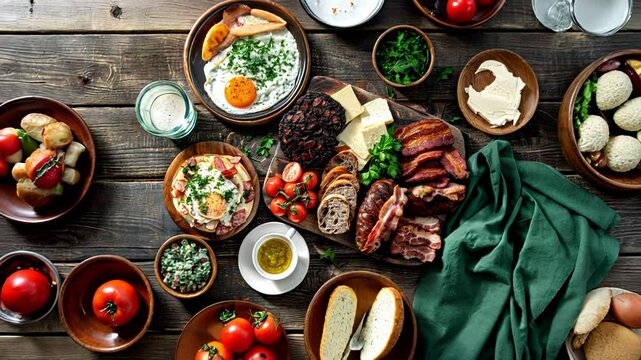 Hearty breakfast spread with eggs, bacon, cheese, and fresh vegetables
