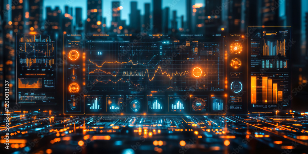 Poster advanced data analytics dashboard visualizing complex marketing insights in futuristic cityscape