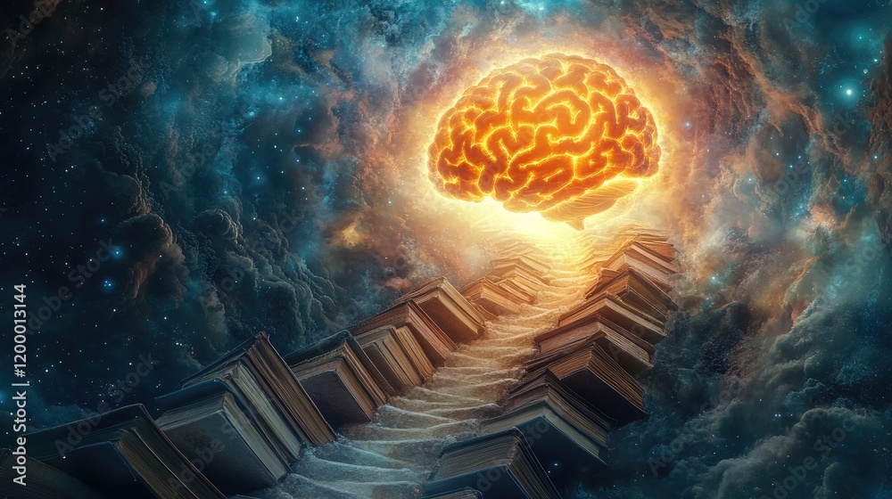 Poster a fiery brain illuminates a staircase of books in space