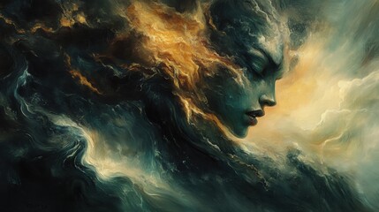 Ethereal Portrait of a Woman Emerging from Mystical Clouds