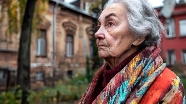 Pensive senior woman wearing vibrant shawl standing before weathered building during autumn season