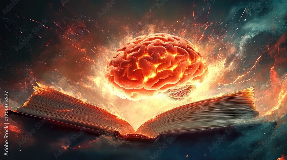 Poster fiery brain emerging from an open ancient book
