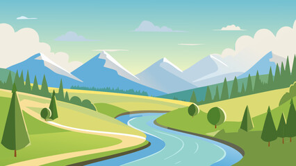 Scenic landscape view of mountains, river, and lush greenery under a clear sky in a digital artwork