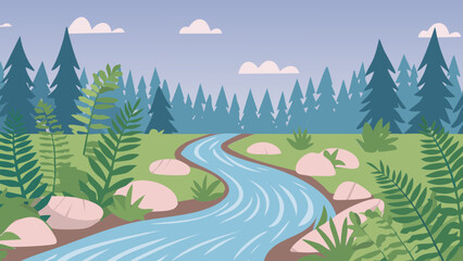 Serene river flowing through a lush green forest with rocky paths on a calm day