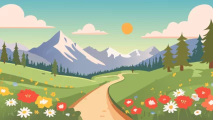 Fotobehang Beautiful scenic view of mountains and flowers during a clear sunny day in a vibrant landscape © Bendix