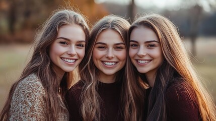 Obraz premium three woman smiling together at autumn time at rural countryside 
