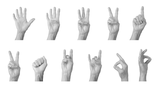 Elderly hand showing counting gestures and signs like peace, fist, and rock horn, wrinkled skin, gray tones, expressive communication and numbers 1 to 5. Isolated on white background.