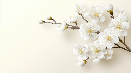 Fototapeta premium Delicate white cherry blossoms in bloom, closeup on beige background closeup