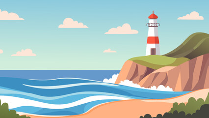 Scenic coastal landscape with a lighthouse and waves during a clear day