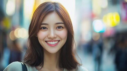 smiling happy Japanese woman at outdoor city street, urban lifestyle with optimistic vibes,