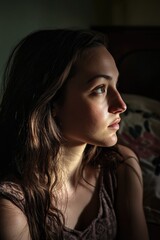 Fototapeta premium A person sitting on a bed in a dimly lit room, often used for intimate or dramatic scenes