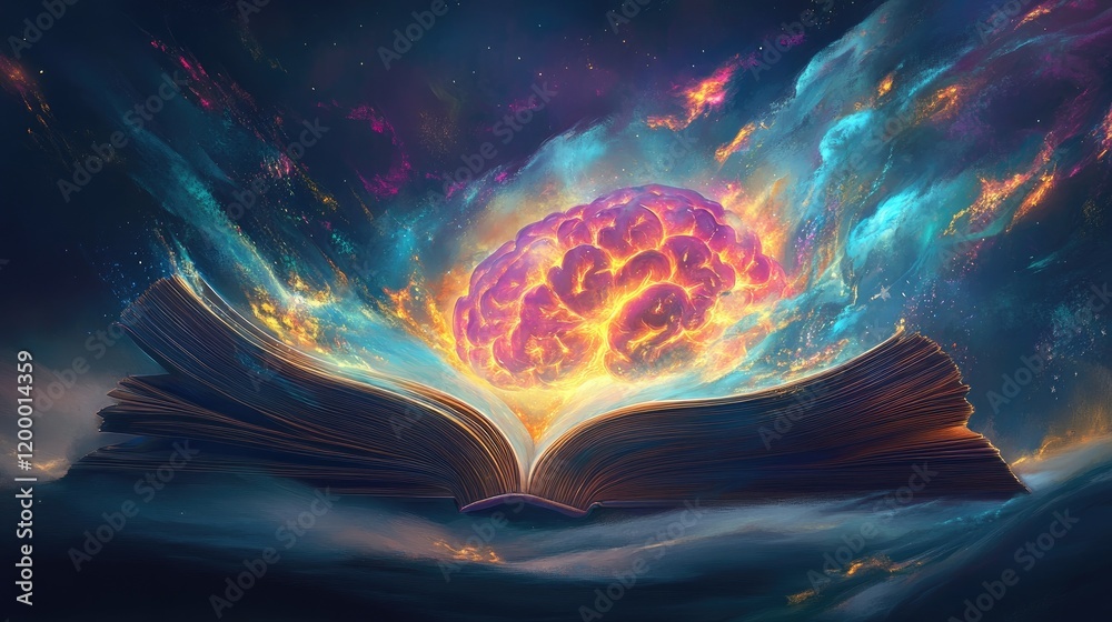 Aufkleber flaming brain emerging from open book pages