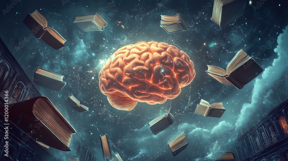 Poster a glowing brain surrounded by floating books