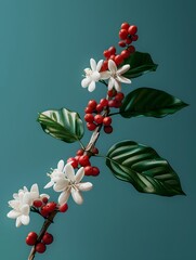 Minimal Close up of Vibrant Coffee Branch with Flowers and Berries