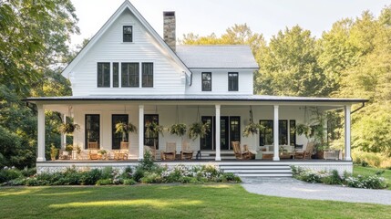 A spacious, two-story farmhouse with a white-painted exterior, black-framed windows, and a gabled roof. A large wooden front porch with rocking chairs and hanging flower baskets. 
