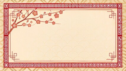 Traditional New Year Background with Red Lanterns, Flowers, and Geometric Pattern.
