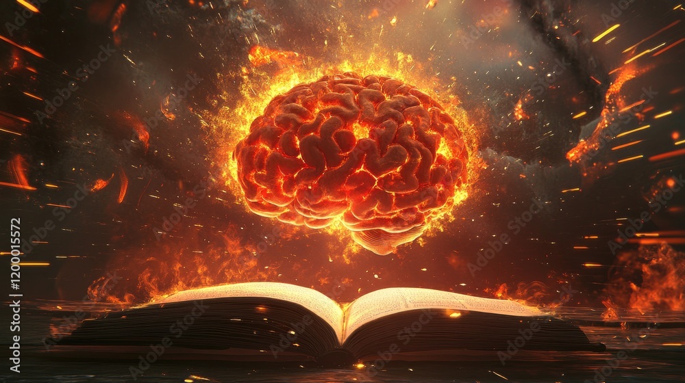 Aufkleber Flaming Brain Above Open Book Of Knowledge