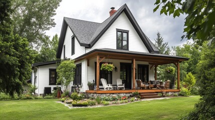 A spacious, two-story farmhouse with a white-painted exterior, black-framed windows, and a gabled roof. A large wooden front porch with rocking chairs and hanging flower baskets.