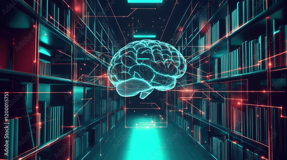 Aufkleber Digital Brain Illuminated In A Library Of Knowledge