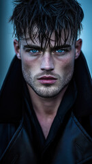 Obraz premium Man with piercing blue eyes in a structured black trench coat, exuding power and mystery