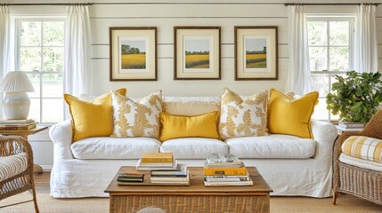 Cozy Living Room with Yellow Accents and Nature Artwork Decor