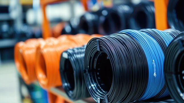 A collection of black and blue wires arranged on a rack, suitable for technical or industrial use