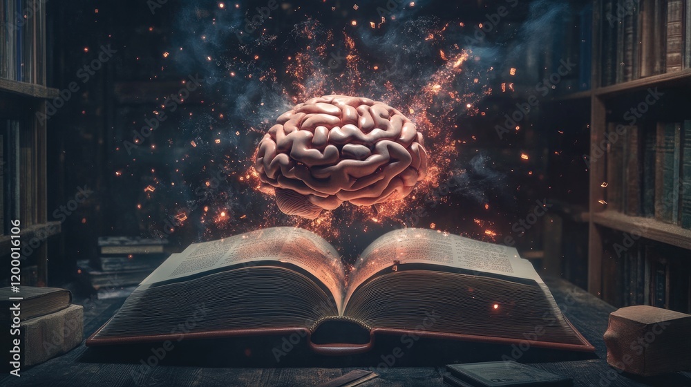 Poster a glowing brain emerges from an open book