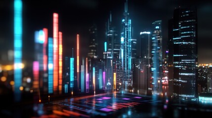 abstract business background, neon light graph with light hologram style, data analysis concept