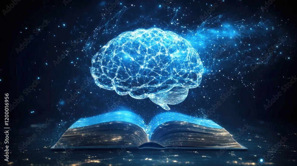 Poster glowing brain above open book knowledge illumination