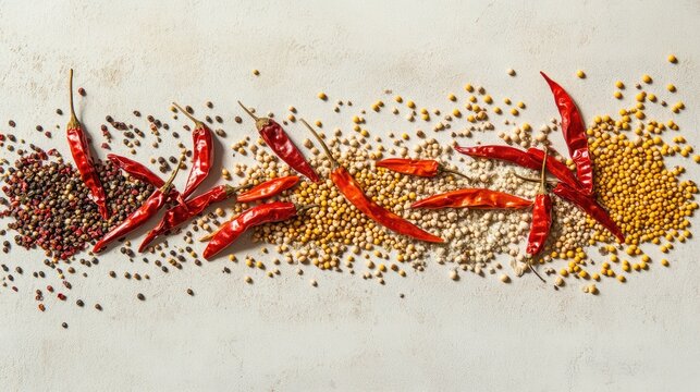 A vibrant flat-lay of dried chili peppers, cumin seeds, and mustard seeds, arranged on a light background.