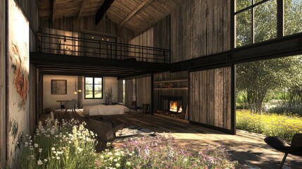 Fototapeta premium An old barn converted into a farmhouse, featuring its original wood siding and large sliding barn doors. The interior combines modern and rustic elements, with an open loft space, steel railings,