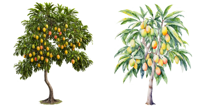 A tropical mango tree with curved branches and clusters of mangoes, on a clear transparent background.