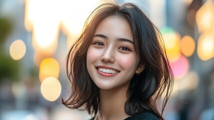 smiling happy Japanese woman at outdoor city street, urban lifestyle with optimistic vibes,