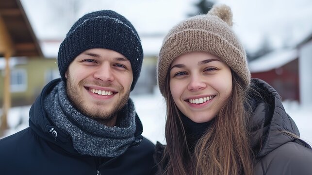 happy togetherness, smiling multiracial young woman and man love couple together at outdoor winter town wearing winter jacket and wool cap