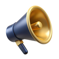 Premium 3D rendered megaphone with vibrant navy and golden colors on a transparent background